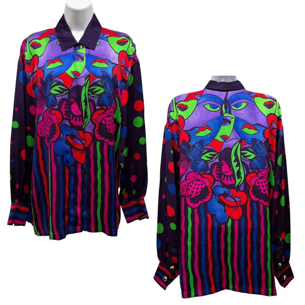 VTG 1991 ESCADA Silk Blouse RARE Abstract Face Print Bold Multicolor Size 38 M